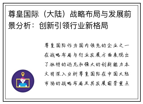 尊皇国际（大陆）战略布局与发展前景分析：创新引领行业新格局