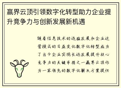 赢界云顶引领数字化转型助力企业提升竞争力与创新发展新机遇