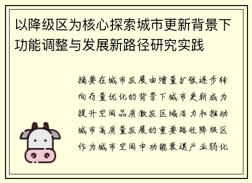 以降级区为核心探索城市更新背景下功能调整与发展新路径研究实践